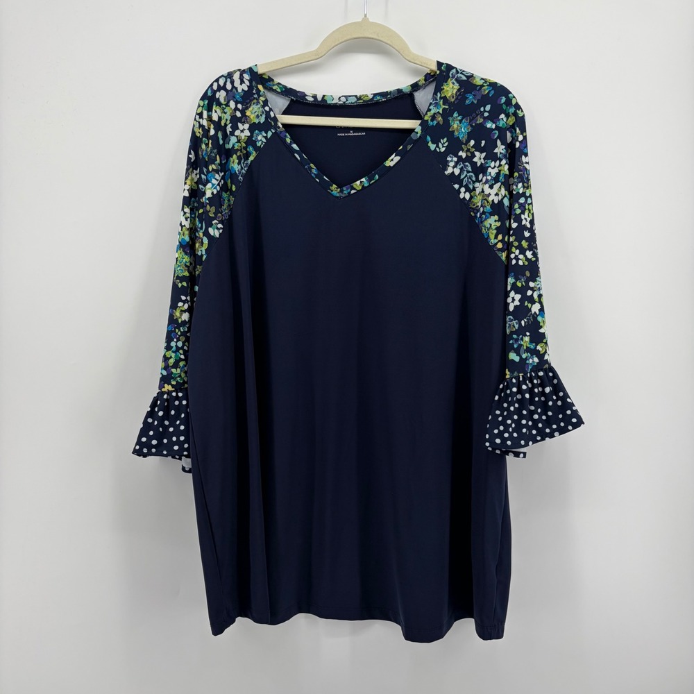 Catherines Womens 1X Navy Blue Tunic Floral Raglan Polka Dot Ruffle Sleeve Top
